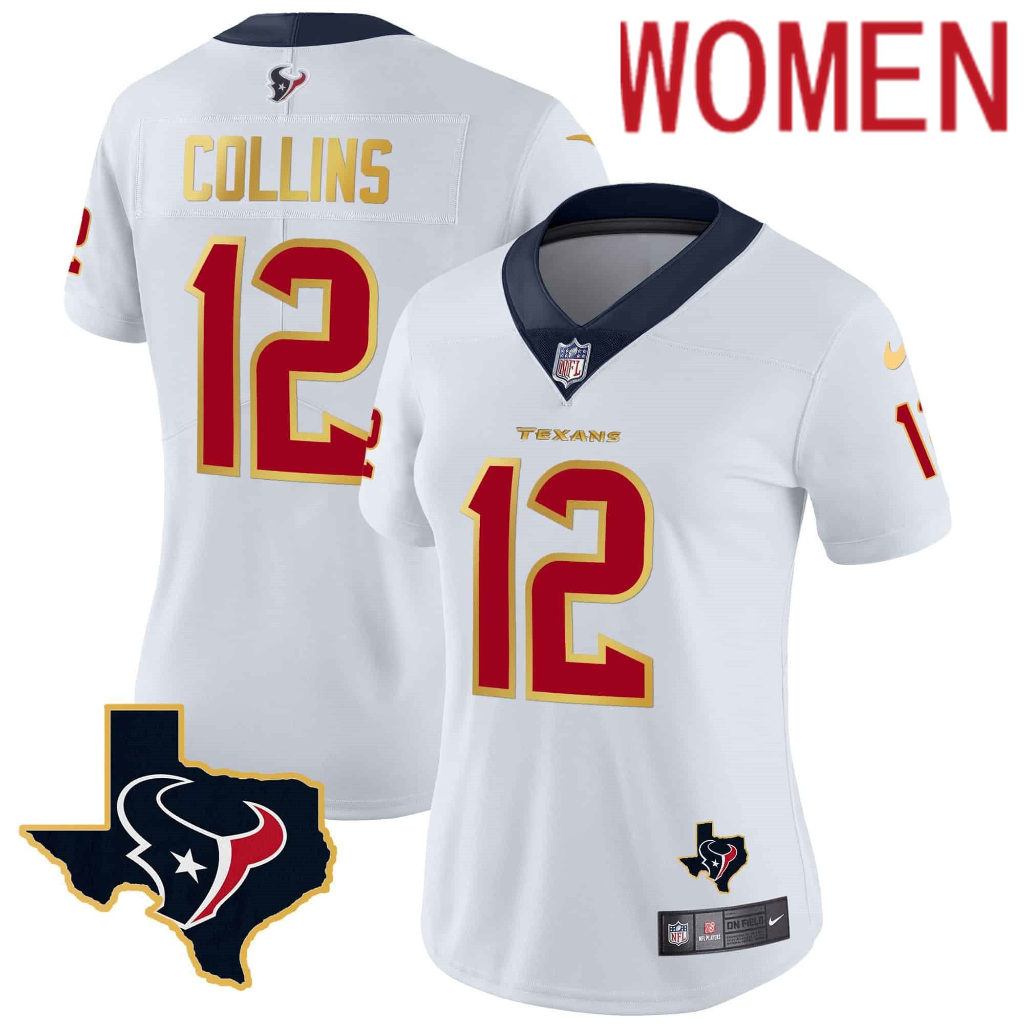 Women Houston Texans 12 Collins White Gold 2024 Nike Trim Vapor NFL Jersey